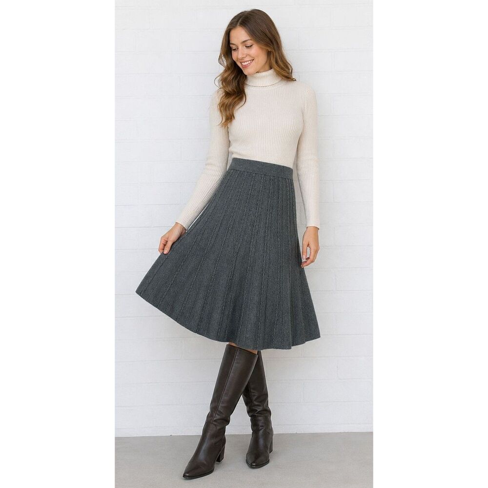 NWT Sacred Threads OS M L Smoke Gray Cable Knit Flared Long Skirt